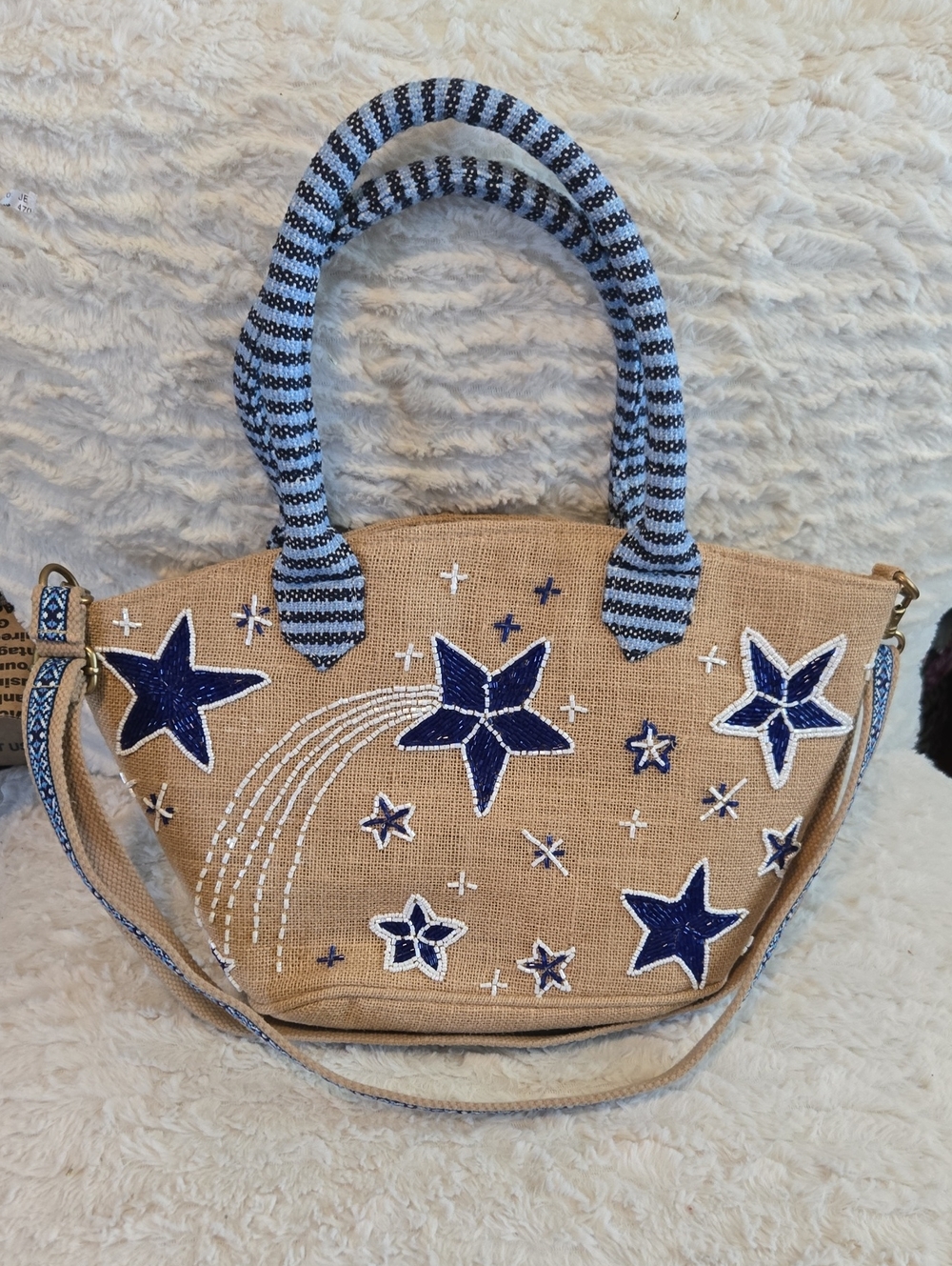 America & Beyond Beige Star Embroidered Tote Bag with Navy Handles And Crossbody